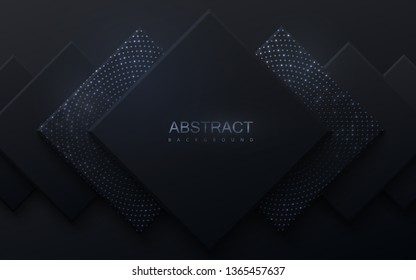 Black geometric background. Abstract realistic papercut decoration with square paper layers textured with silver glitters. Vector illustration. Material design. Minimalist cover template