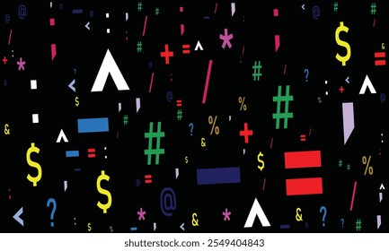 black geometric background with colorful punctuation marks neatly scattered