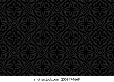Black geometric background, tribal cover design, banner. Stylish 3D pattern, embossing. Textured relief ornaments, arabesques, mandala of the East, Asia, India, Mexico, Aztec, Peru. Ethnic print.