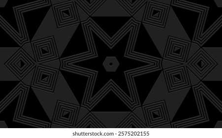 Black geometric background, tribal cover design, banner. Creative 3D pattern, embossing. Ethnic texture, relief ornaments, arabesques, mandala of the East, Asia, India, Mexico, Aztec, Peru.