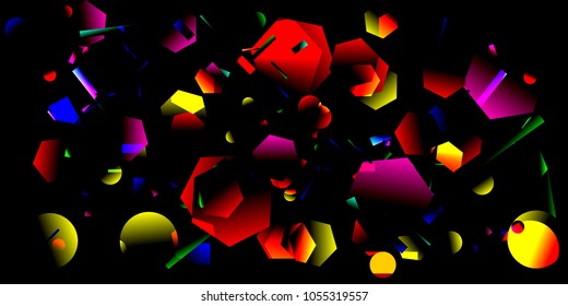 Black geometric bright explosion of simple figures in the universe for study. Overlapping polygons in bright colors on a black background.