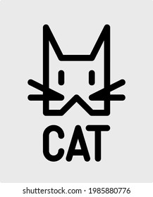 Black geometric cat line logo, minimal adorable drawing pet shop brand, cute mammal face cartoon icon.