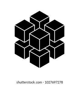 Black geometric cube of 8 smaller isometric cubes. Abstract design element. Science or construction concept. 3D vector object.