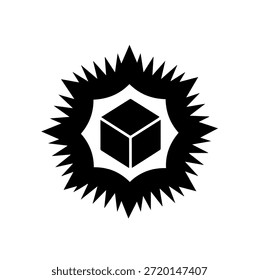 Ícone de cubo geométrico preto dentro de uma forma de estrela pontiaguda, uma ilustração vetorial dinâmica isolada no fundo branco