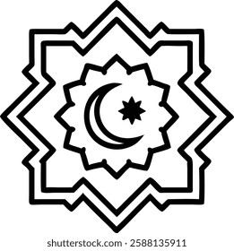 Black geometric design with crescent moon and star, symbolizing Ramadan nights and spirituality.