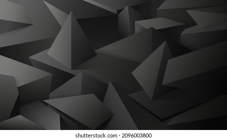 Black geometric dices background. Pyramidal triangle fractals in dark futuristic landscape broken triangles of industrial carbon ornamentation with minimalist vector tile