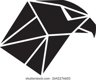 Logotipo de falcão geométrico preto sobre fundo branco. Design de pássaro mínimo e abstrato perfeito para marcas de esportes ou tecnologia.

