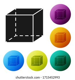 Icono de cubo de figura geométrica negra aislado en fondo blanco. Forma abstracta. Ornamento geométrico. Establecer iconos en los botones de círculo de color. Ilustración vectorial