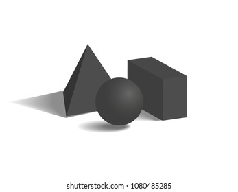 Black geometric figures, set on white background vector illustration with sphere, cuboid prism square pyramid, shapes and forms exposition 3d