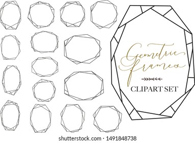 Black geometric frame clipart set with bonus hand-drawn vine divider. Modern graphic vector clip art for wedding invitations, place cards, wall art, guest books, greeting cards. 