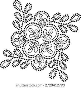 Black Geometric Graphic Vector Illustration of a Floral motif of Stippled and Dashed Lines, Seamless Dotted Floral Mandala Design Element of Large, Stylized Central Flower with Large Overlapping Circular Petals with smaller, inward Curvy Petals with Trailing Vines or Vine-like branches with Teardrop shaped Leaves, Traditional Folk art Embroidery Pattern drawn in flat dotted style for Fabric, Cushion, Curtains, Carpet, Wallpaper, Tiles, Laminates etc