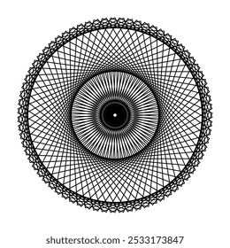 Black geometric guilloche design element. Abstract reticulate background for certificate diploma design. Isolated shape in white background