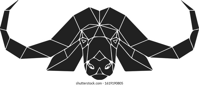 The black geometric head of cape buffalo, african bull. Polygonal abstract animal of Africa. Vector illustration.