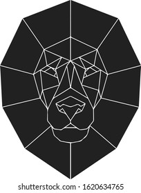 The black geometric head of lion. Polygonal abstract animal of Africa. Vector illustration.