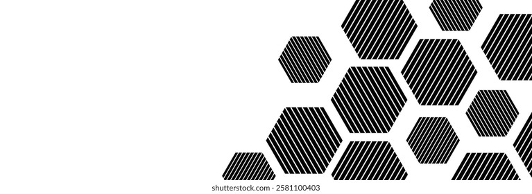 Black Geometric Hexagon Background With Copy Space. Abstract Business Banner. Technology Wallpaper. Vector Illustration. Futuristic. Minimal. Frame