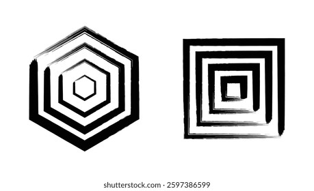 Black geometric hexagon and Square stripes brush stroke line decorative design