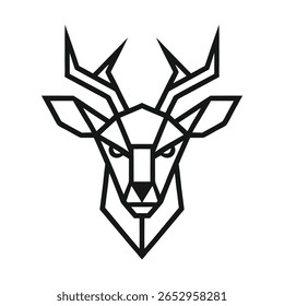 A black geometric illustration of a deer's head against a white background. The image is composed of straight lines forming the shape of the deer's face, antlers, and features.  