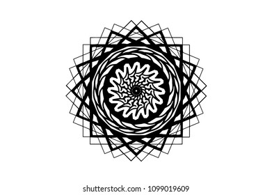 Black geometric mandala on white background. Vector mandala decor. Futurist stamp template. Single concentric ornament isolated. Abstract medallion. Handdrawn seal tattoo. Coloring mandala clipart. 