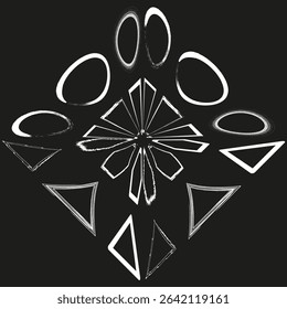 Black geometric mix. Abstract shape set. Vector elements on dark. Curved and angular form.