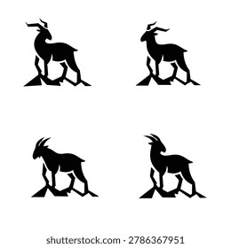 Black geometric mountain goat ibex silhouette logo design standing on stylized rocks, ideal for nature, outdoor, or adventure branding.