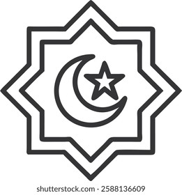 Black geometric pattern with crescent moon and star, symbolizing Ramadan blessings and devotion.