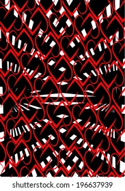 black geometric pattern on a white background and red heart nested pattern formed by the coming together of the abstracts vector pattern. style all over and screen printing.  surface, repeating.