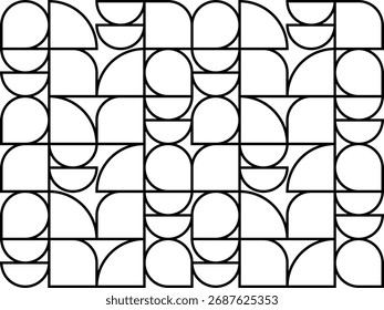 Schwarzes geometrisches Muster mit Viertelkreisen und Rechtecken im Rasterlayout, ideal für moderne Hintergründe, Verpackungen, Branding oder abstrakte Designthemen.