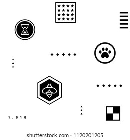 Black geometric pattern with simple shapes paw, bee, stars, squares, golden ratio, chess, hourglass on white background