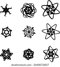 Black geometric patterns such as flower symbols or atomic structures
