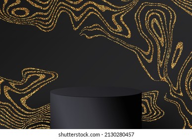 Plataforma geométrica negra con brillo dorado en el fondo. Lujosos estadios de exposición de productos de belleza, escaparate, puesto de publicidad.