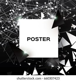 Black Geometric Polygonal Explosion with polygonal triangles, rounds, lines. Square paper cut art frame for text. Future Technology Template for flyers and posters, presentations. Vector