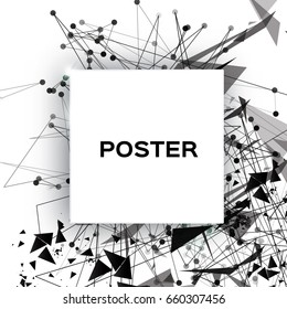 Black Geometric Polygonal Explosion with polygonal triangles, rounds, lines. Square paper cut art frame for text. Future Technology Template for flyers and posters, presentations. Vector