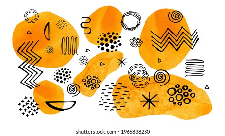 garabatos geométricos negros sobre un fondo de manchas naranja color agua brillante. Doodles y un sol acuarela dibujado a mano. EPS vectorial