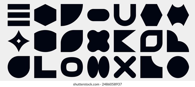Black geometric shape collection. Set of trendy retro brutalists elements. New modern vector art
