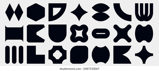 Black geometric shape collection. Set of trendy retro brutalists elements. New modern vector art