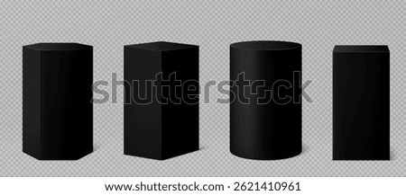 Black geometric shape podiums set isolated on transparent background. Vector realistic illustration of glossy tall round, hexagon, square platforms for product presentation, showroom design elements