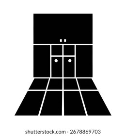 Schwarze geometrische Formen schaffen eine perspektivische Ansicht eines Raumes mit Boden und Wänden.