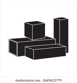 Formas geométricas negras que incluyen cubos y prismas rectangulares en cuboide blanco