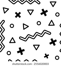 Black geometric shapes including plus signs, triangles, circles and zigzag lines create a dynamic and modern seamless pattern on a white background, evoking a retro 80s or 90s aesthetic