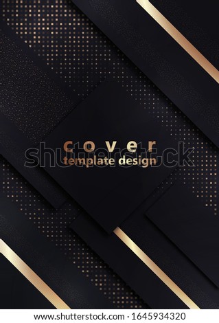 Black geometric shapes on a background of halftones from squares. Inclined stripes and small particles of gold color. Universal template for cover design, business card, flyer. Vector illustration