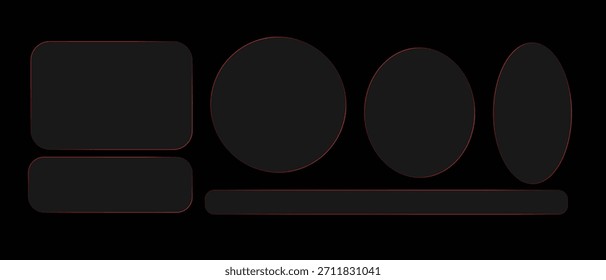 Black geometric shapes set. Dark rounded rectangle, circle, and oval buttons.