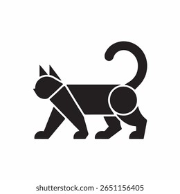 A black geometric silhouette of a cat walking in profile view against a white background. cat day special