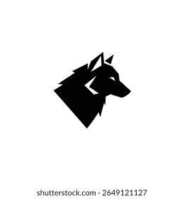 Uma silhueta geométrica preta de uma cabeça de lobo é mostrada contra um fundo branco. O estilo é minimalista e angular