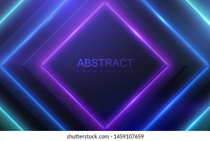 Black geometric square shapes with neon glowing light. Abstract 3d background. Vector illustration of multicolored electric lights. Modern cover design. Creative banner layout. Futuristic decoration