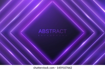 Black geometric square shapes with neon glowing light. Abstract 3d background. Vector illustration of purple electric lights. Modern cover design. Creative banner layout