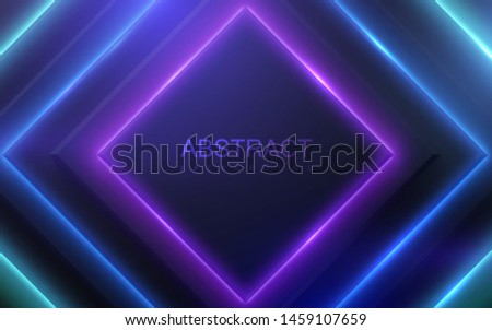 Black geometric square shapes with neon glowing light. Abstract 3d background. Vector illustration of multicolored electric lights. Modern cover design. Creative banner layout. Futuristic decoration