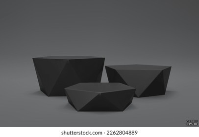 Schwarzes geometrisches Sprungbrett. 3 schwarzer Hexagon-Würfel, Quadrat-Podium auf grauem Hintergrund. Concept Szene Bühne Showcase, Produkt, Promotion Verkauf, Banner, Präsentation, Kosmetik. 3D-Vektorgrafik.