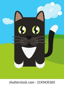 Black geometric stylized cat in cartoon colorful valley Domestic animal. Pet themed vector illustration for icon, stamp, label, badge, sticker or gift card