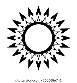 Black geometric sun symbol with sharp pointed rays radiating outwards on a white background