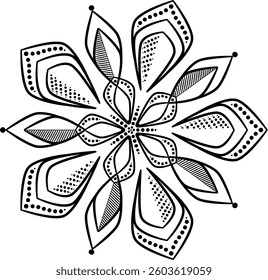 Black Geometric Symmetric Radiating Floral Mandala Design Pattern,  Cushion cover or Embroidery Design Element, can be used to create repetitive patterns for fabric, curtain, carpet, wallpaper etc.
